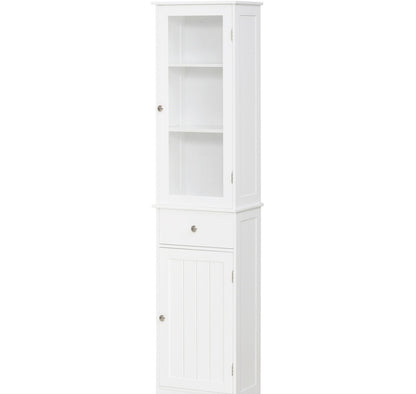 Kleankin Slim Badezimmerschrank Hochschmal Wäscheturm mit Acryl-Tür, Schublade und Regalen Weiß