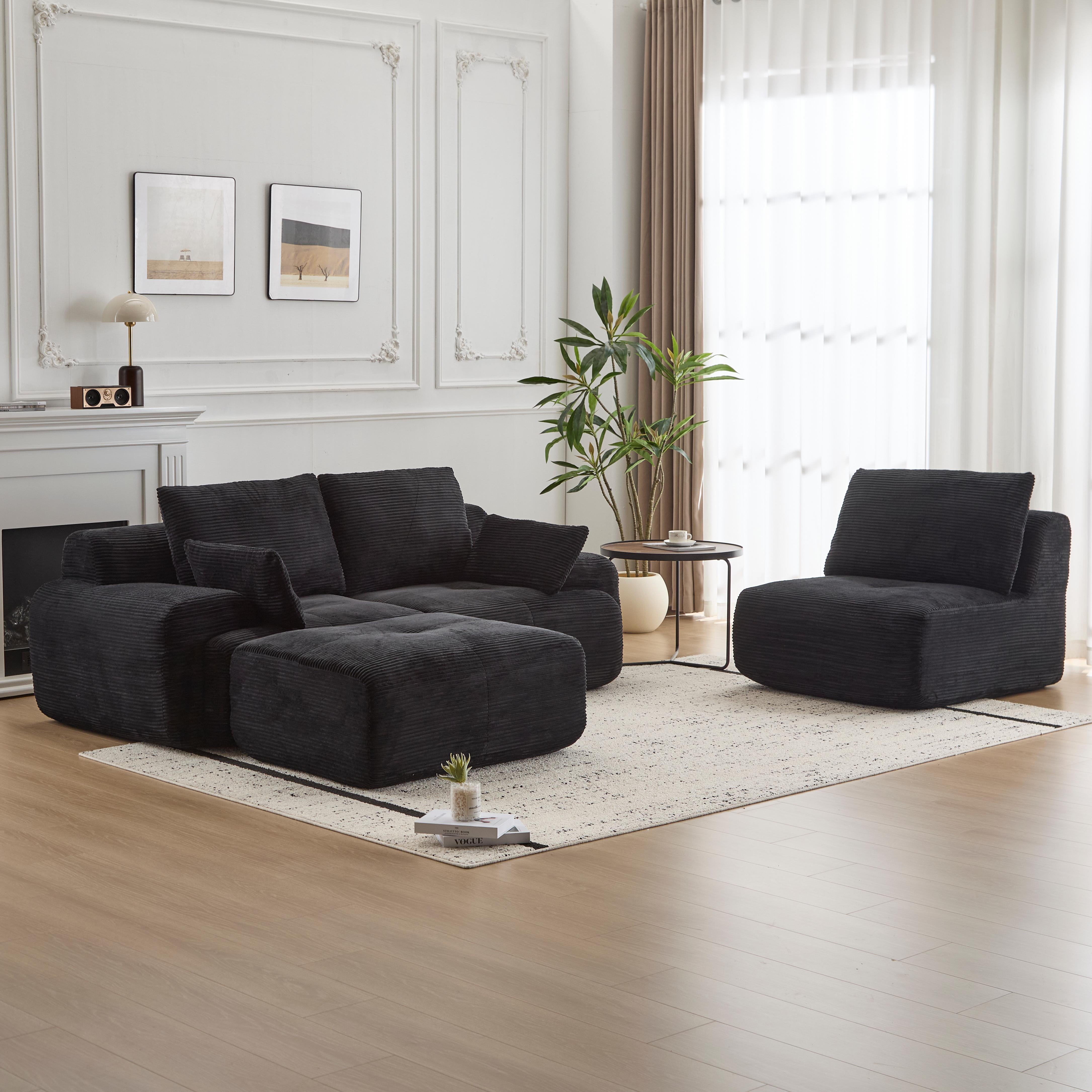 Moderne Kompressions-Memory-Schaum-Sofa, Große Ecksofas für das Wohnzimmer, Haustierfreundliches Wolkenmodulares Ecksofa, Kordstoff, Extra Tiefes Zweiersofa, Keine Montage erforderlich, Schwarz