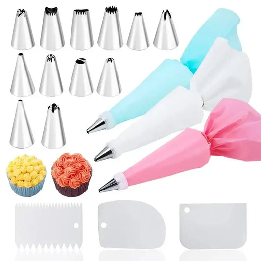 Set of 29-piece stainless steel cream puff nozzles and colorful silicone pastry bags for cake decorating