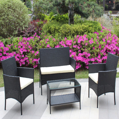 4er-PC-Rattan-Patio-Möbel-Set für den Außenbereich mit gepolsterten Sitzen Korbsofa Beige Polster
