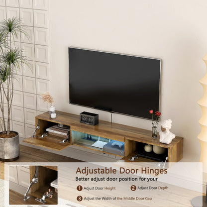 Schwebender TV-Ständer, Wandmontierter TV-Regal mit LED-Lichtern & Stromsteckdose, Wandmontierter Schwebender TV-Ständer mit 16-farbigem LED-Licht-braun