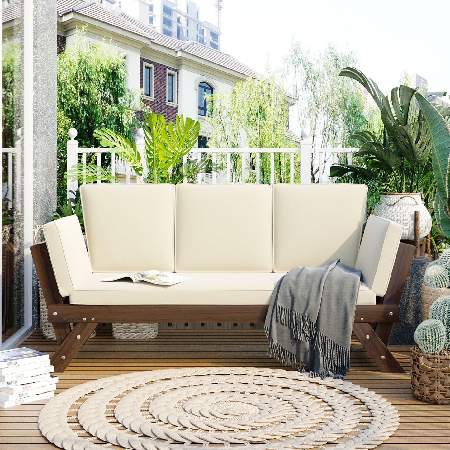 TOPMAX Outdoor Verstellbares Terrassen-Holz-Tagbett-Sofa-Chaiselongue mit Kissen für kleine Räume, Bro