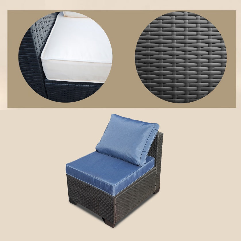 Siebenteiliges Sofaset mit Tisch und Sessel, Schwarz, PE-Rattan, Außenmöbel 7-JH001, Karton 3-1-2-3 mit blauen Sitzkissen