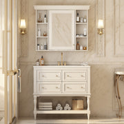 36'' Badezimmer-Waschständer mit Medizinschrank, moderner Spiegelschrank mit einstellbarem Regal, Badezimmer-Aufbewahrungsschrank mit 4 Schubladen, Badezimmer-Aufbewahrungsschrank mit massivem Holzrahmen