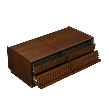 U-Can Moderner Rechteckiger Couchtisch Mit 4 Schubladen Und 2 Vitrinenböden, Holz-Couchtisch Im Rillenstil, Temperglas Für Das Wohnzimmer