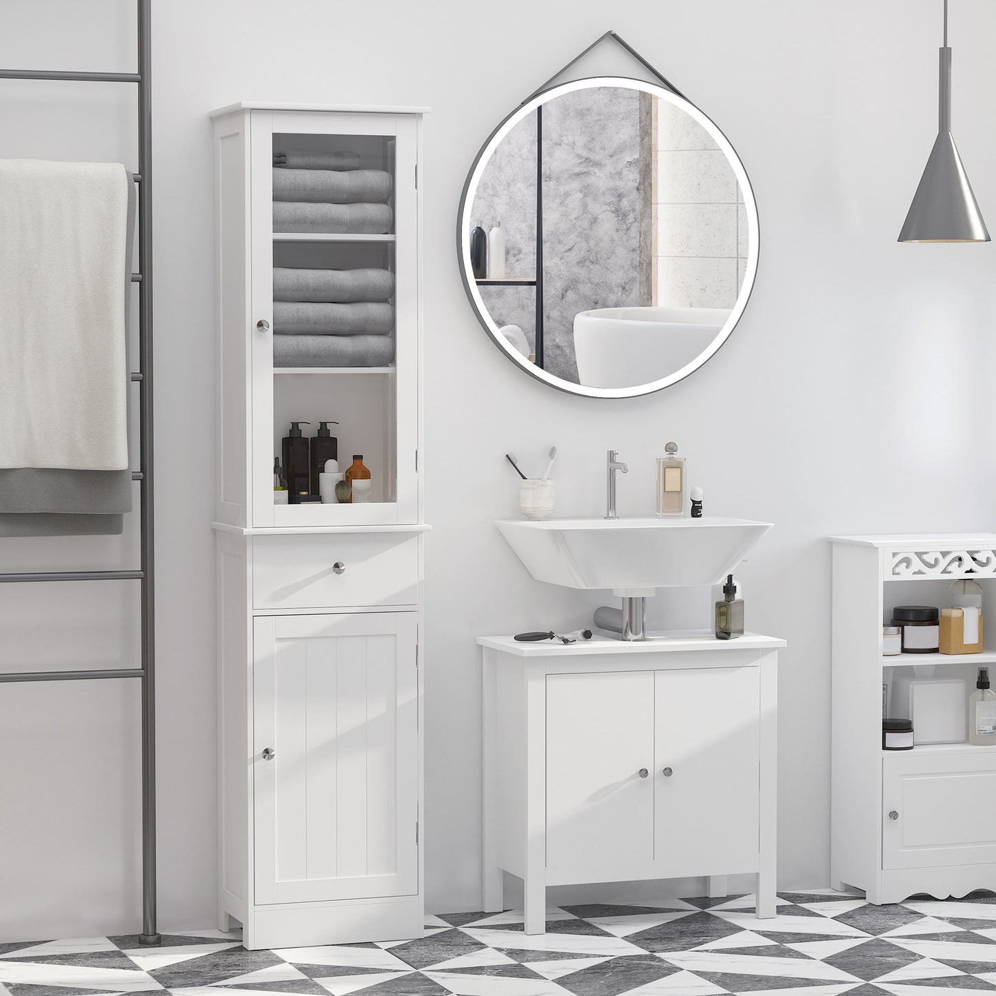 Kleankin Slim Badezimmerschrank Hochschmal Wäscheturm mit Acryl-Tür, Schublade und Regalen Weiß