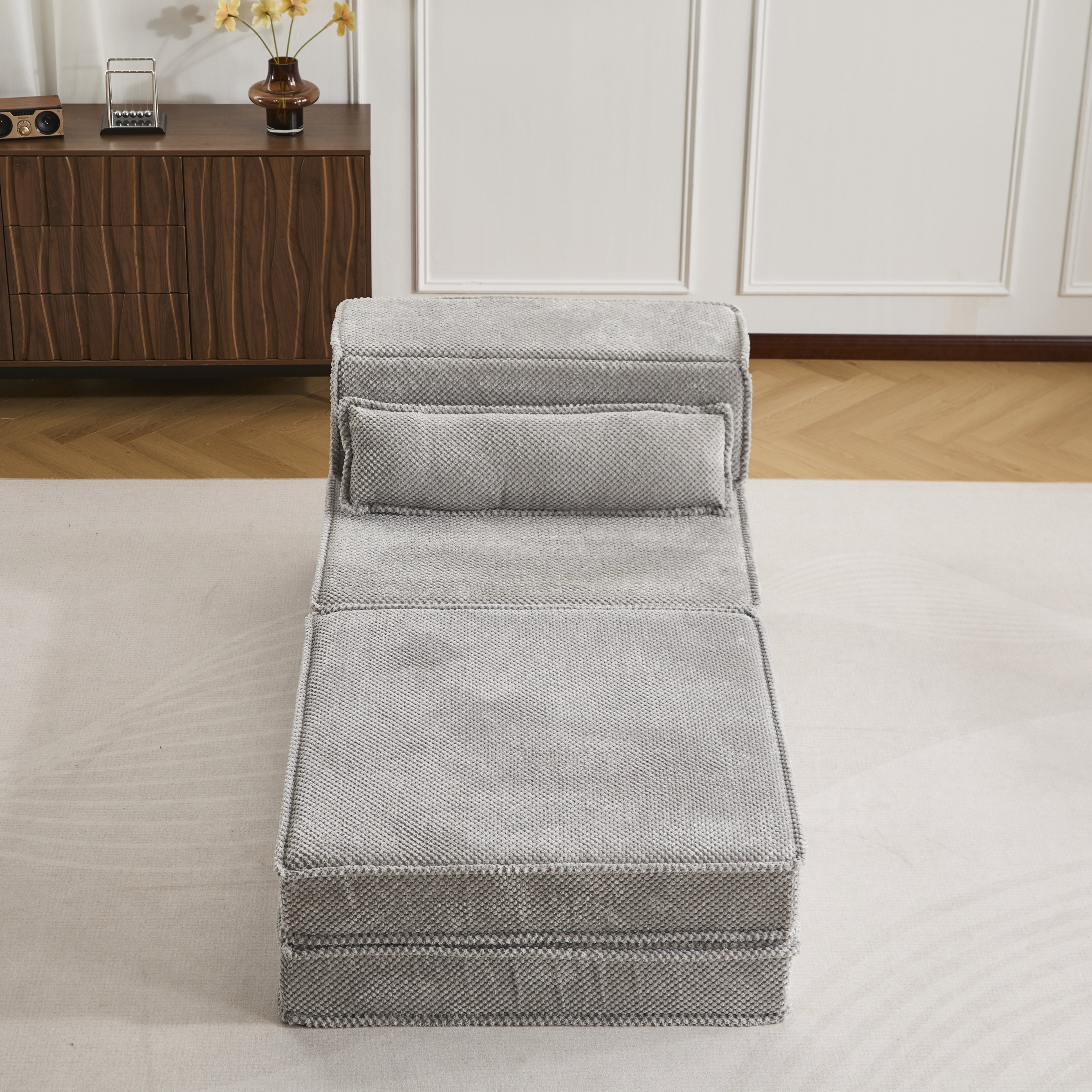 Kompressions-Mahjong-Sofa, Umwandelbares Boden-Sofabett, DIY Knochenloses Modulares Sektionssofa, Keine Montage erforderlich, Kreisförmiger Fleece-Stoff, Überdimensionierter Einzelplatz mit 1 Kissen und 1 Hocker, Hellgrau
