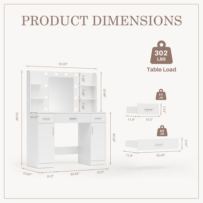 Dressing Table And Mirror, Dressing Table And Bedroom Dressing Table With 3-color Light Options For Adjustable Brightness, White