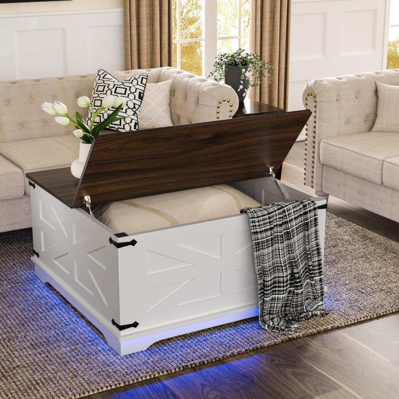 Landhaus-Couchtisch mit Klapptop, USB-Ladestation & verstecktem Stauraum - Robuste Holzbasis, Weiß-Braun-Optionen, Ideal für die Organisation im Wohnzimmer, Couchtisch für das Wohnzimmer, Vielseitig