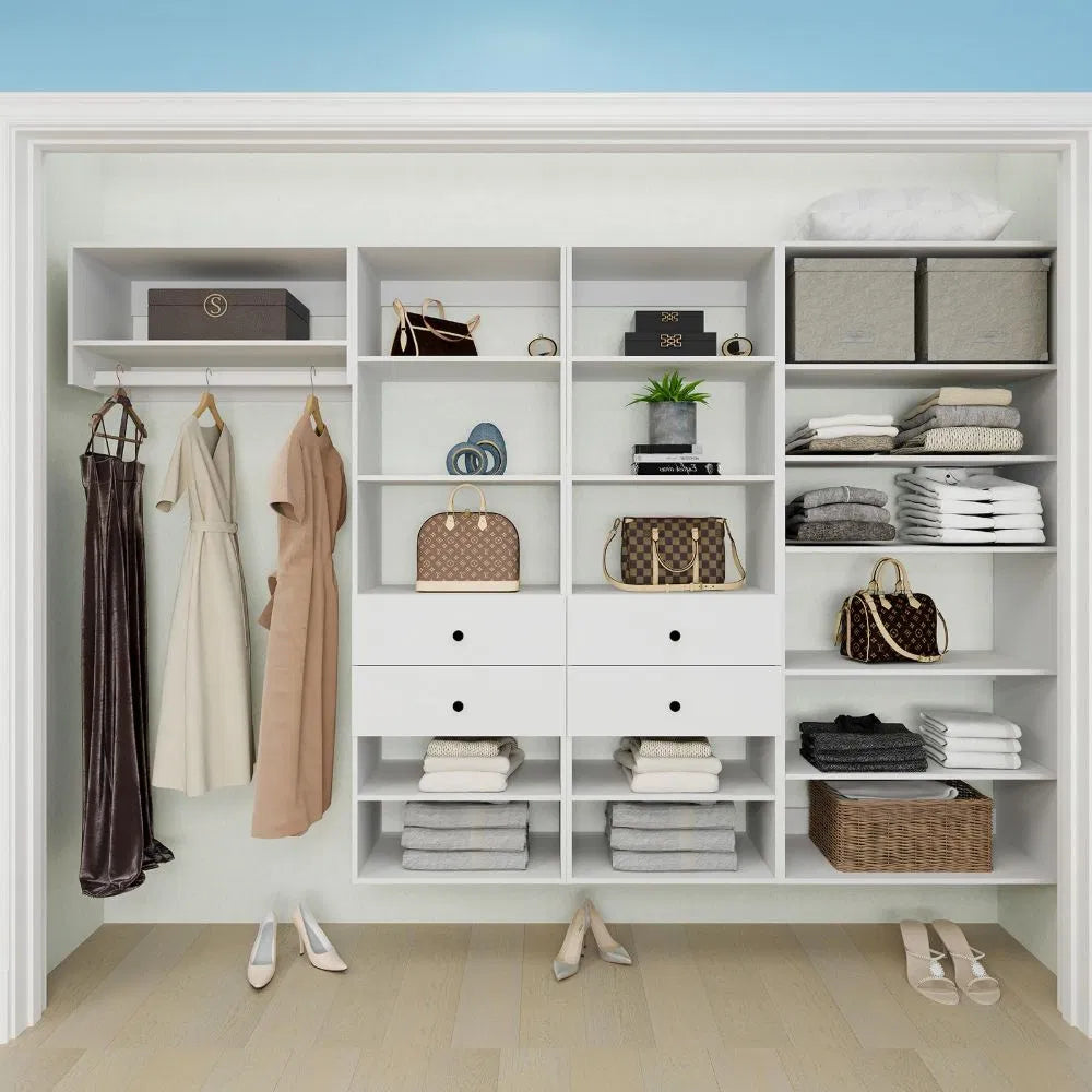 Schrankorganisationssystem, Wandmontierter Schrankaufbewahrungsbereich mit Schubladen und Regalen, Schrankaufbewahrung für das Schlafzimmer, Weiß