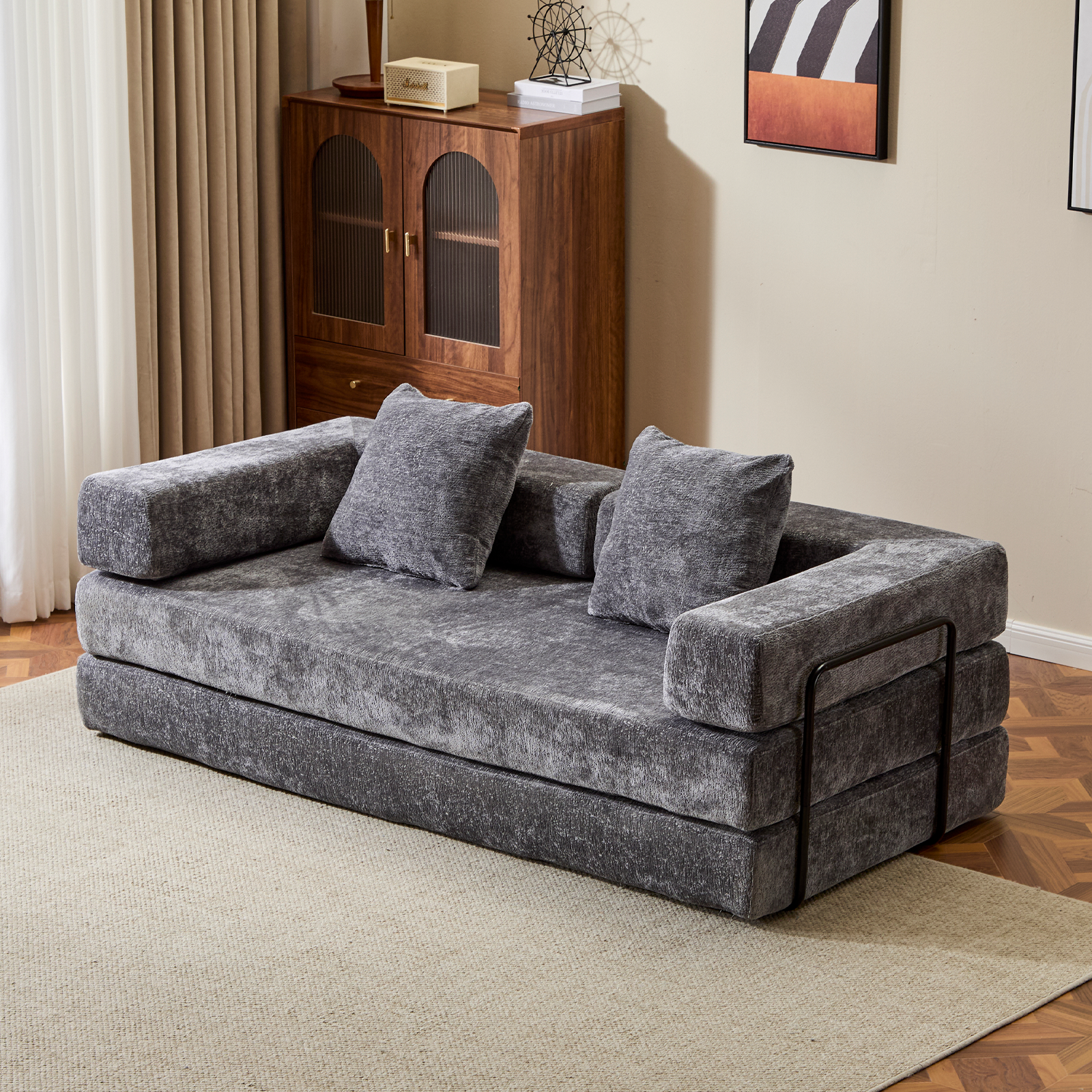 Boden-Couch, Kompressions-Sofa, Umwandelbares Boden-Sofa-Bett – mit Kissen-Rückenstütze und Armlehne, Bequeme Futon-Couch-Liege-Schlafsofa, Chenille-Stoff, für Wohnzimmer und Schlafzimmer DUNKELGRAU