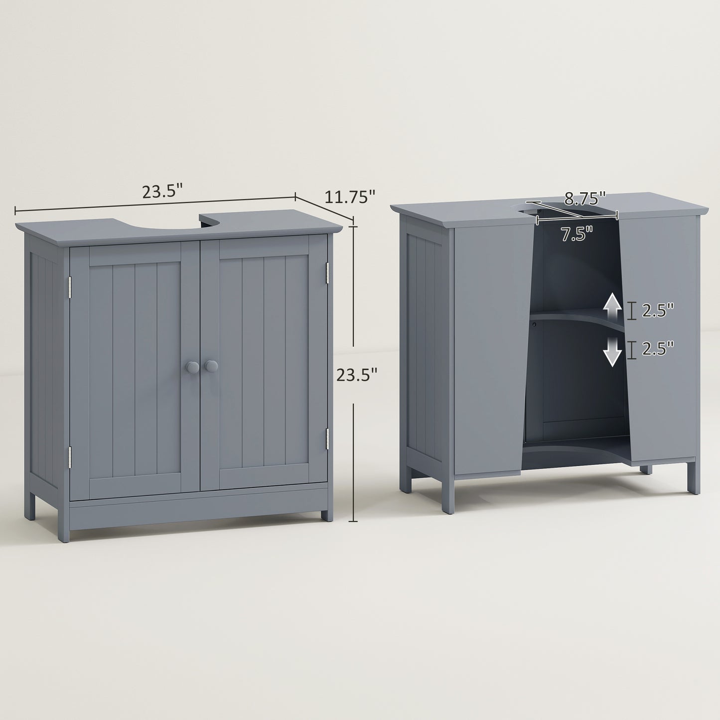 Unterwaschbecken-Badregal, Sockel-Waschbecken-Speicherschrank mit 2 Türen, Regal und U-Form, Grau