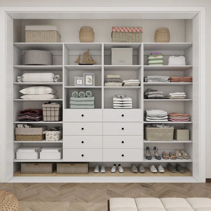 Schrankorganisationssystem, Wandmontierter Schrankaufbewahrungsbereich mit Schubladen und Regalen, Schrankaufbewahrung für das Schlafzimmer, Weiß