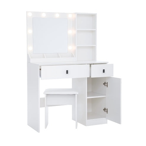 Toilettentisch mit Lichtern, Toilettentisch-Set mit Spiegel, Schminktisch mit großen Schubladen, Drei-Ebenen-Speicher-Kommode, Toilettentische mit 3 Lichtern, einstellbare Helligkeit für das Schlafzimmer, weiß
