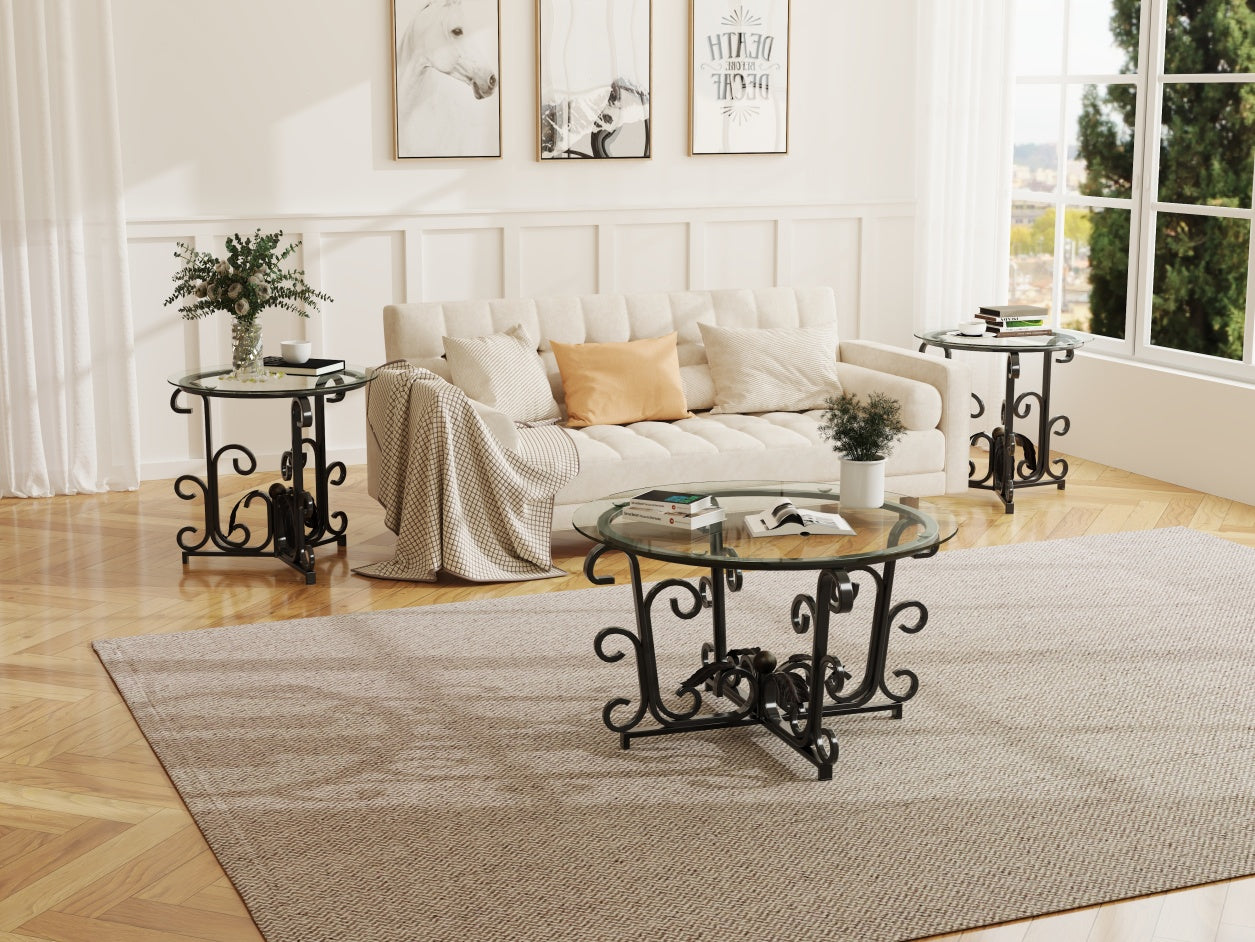 3-teiliges Couchtisch-Set, gehärtete Glasoberfläche mit robustem Metallrahmen – Moderne Wohnzimmer-Sets: 1 Couchtisch, 2 Beistelltische, kratzfest & leicht zu reinigen für kleine Räume, Wohnungen