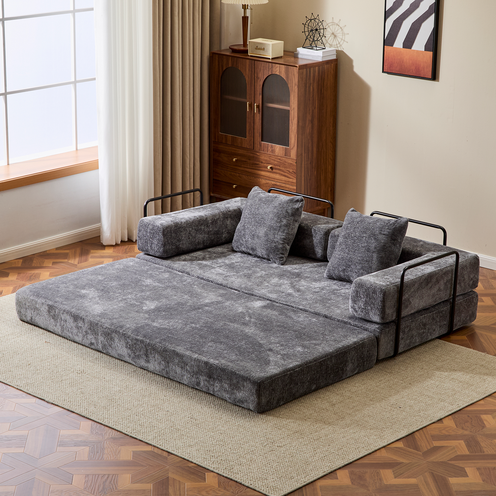 Boden-Couch, Kompressions-Sofa, Umwandelbares Boden-Sofa-Bett – mit Kissen-Rückenstütze und Armlehne, Bequeme Futon-Couch-Liege-Schlafsofa, Chenille-Stoff, für Wohnzimmer und Schlafzimmer DUNKELGRAU