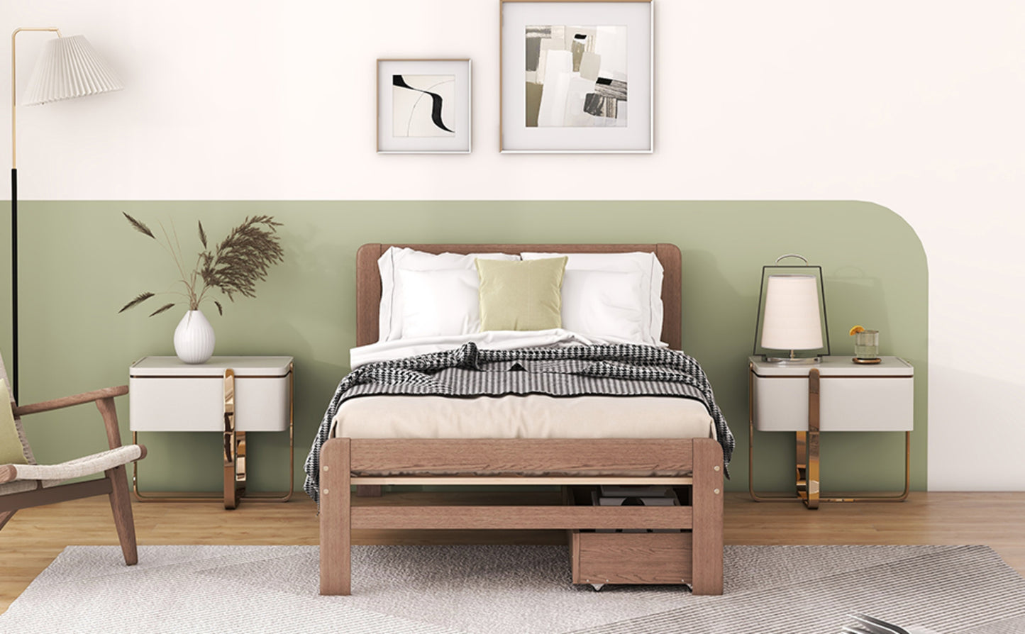 Moderner Design Doppelbettgestell in Plattformstil mit 2 Schubladen für Walnussfarbe