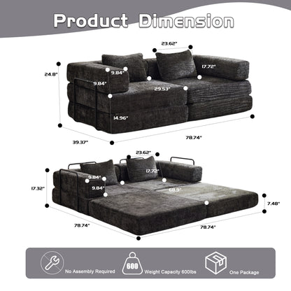 Kompressions-Sofa, Umklappbares Boden-Sofa-Bett mit festem Rahmen, Sessel knochenloses modulares Sektionalsofa, keine Montage erforderlich, Chenille-Stoff, für Wohnzimmer und Schlafzimmer, Schwarz