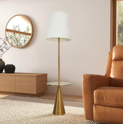Himmelsmoderne Stehlampe mit Messing-Akzenttisch und großer weißer Lampenschirm