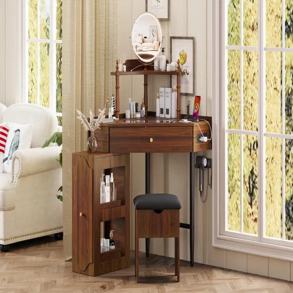 Eckiger Schminktisch-Set mit Stauraum, gepolstertem Hocker und Ladestation, dreieckiger Schminktisch mit herausziehbarem seitlichen Schrank, Glasplatten-Schminktisch mit Schublade und Regal, Walnuss