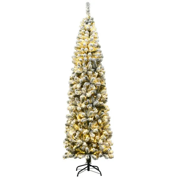 2,29 m schneegeflockter Bleistift-Weihnachtsbaum - 641 Astspitzen, 350 warme LED-Lichter, PVC+Metall