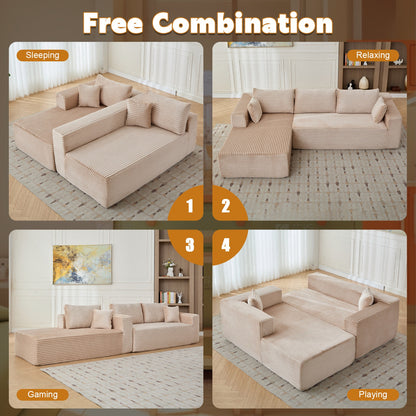 L-Shaped Compression Sofa Bed, Convertible Sectional Sofa With Pillow Back Support - Foldable Floor Couch Lounger, Corduroy Fabric Futon Sleeper For Living Room, Bedroom, Game Room NO TEMU