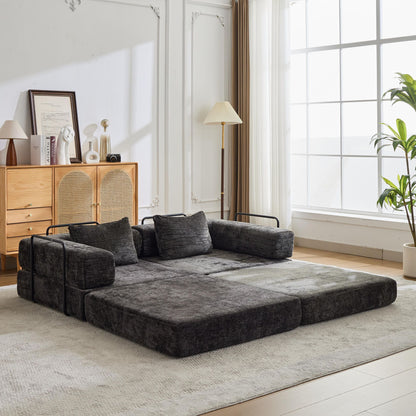 Kompressions-Sofa, Umklappbares Boden-Sofa-Bett mit festem Rahmen, Sessel knochenloses modulares Sektionalsofa, keine Montage erforderlich, Chenille-Stoff, für Wohnzimmer und Schlafzimmer, Schwarz