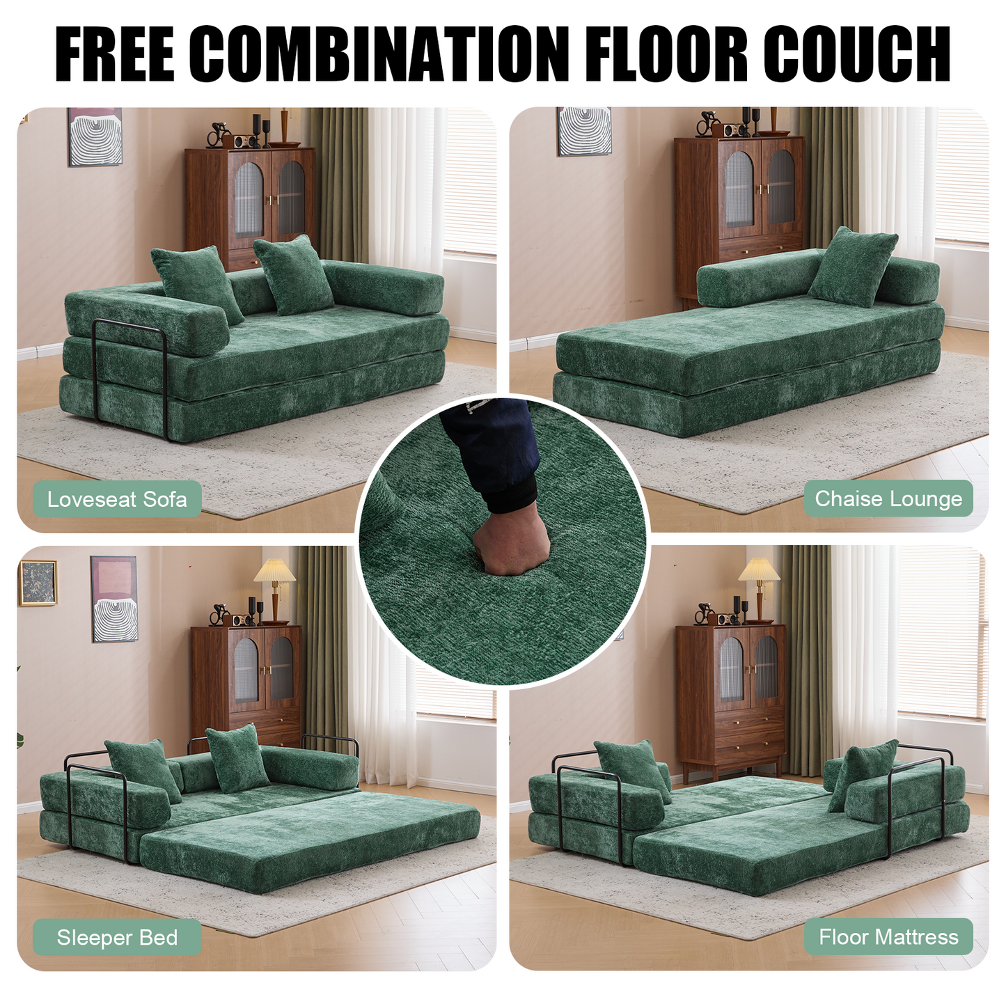 Boden-Couch, Kompressions-Sofa, Umwandelbares Boden-Sofa-Bett – mit Kissen-Rückenlehne und Armlehne, Bequeme Futon-Couch-Liege-Schlafsofa, Chenille-Stoff, für Wohnzimmer und Schlafzimmer, Dunkelgrün
