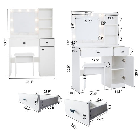 Toilettentisch mit Lichtern, Toilettentisch-Set mit Spiegel, Schminktisch mit großen Schubladen, Drei-Ebenen-Speicher-Kommode, Toilettentische mit 3 Lichtern, einstellbare Helligkeit für das Schlafzimmer, weiß