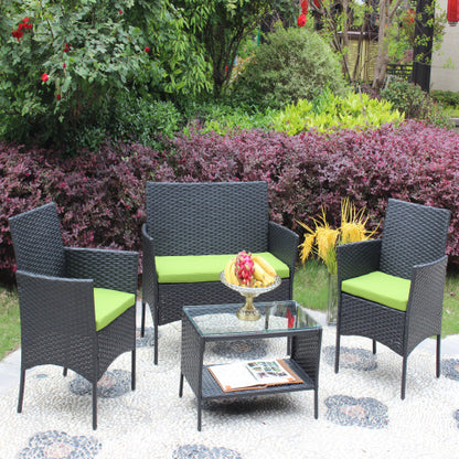 4er-PC-Rattan-Patio-Möbel-Set für den Außenbereich mit gepolsterten Sitzen Korbsofa mit grünem Polster