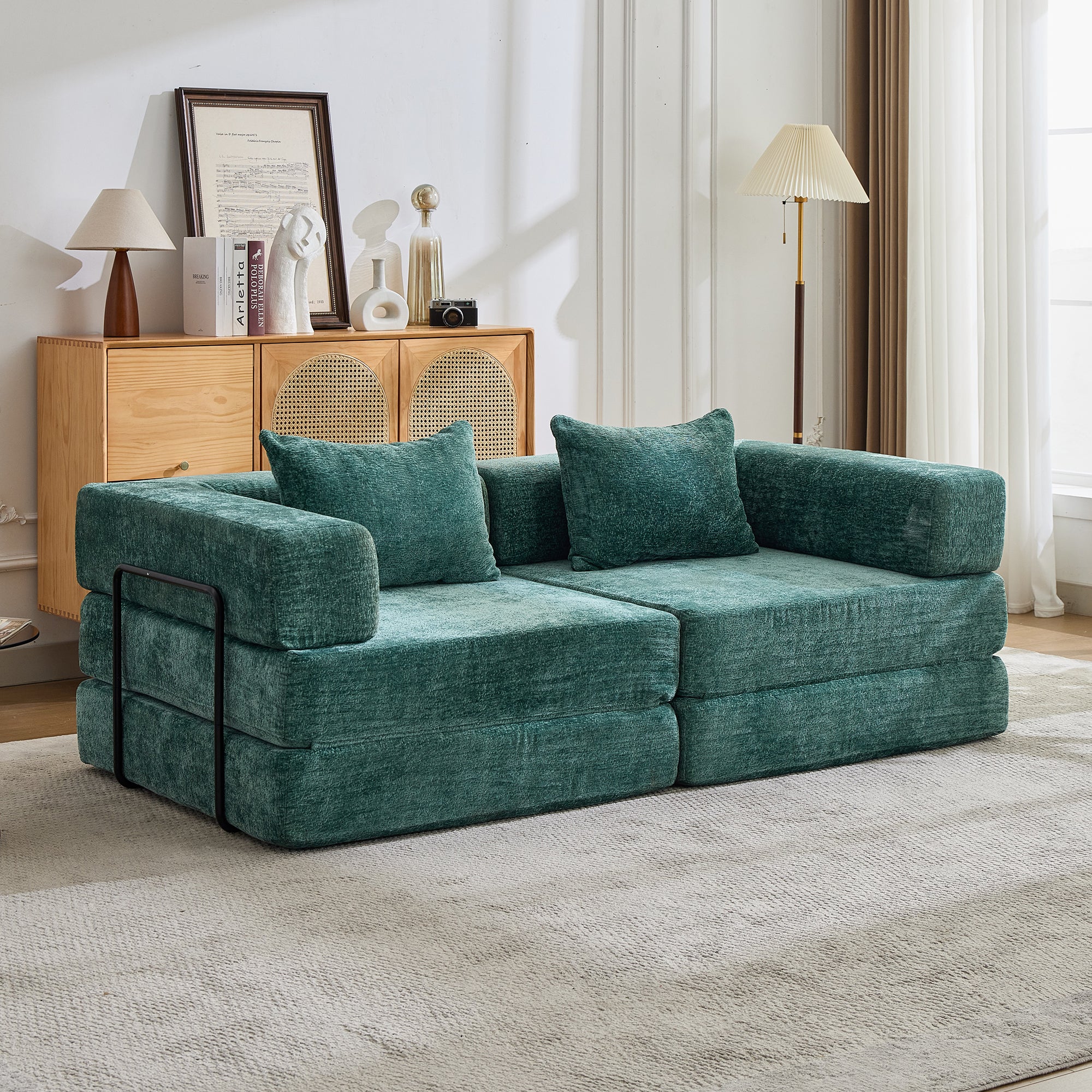 Kompressions-Sofa, Umklappbares Boden-Sofa-Bett mit festem Rahmen, Sessel knochenloses modulares Sektionalsofa, Keine Montage erforderlich, Chenille-Stoff, für Wohnzimmer Schlafzimmer, Dunkelgrün