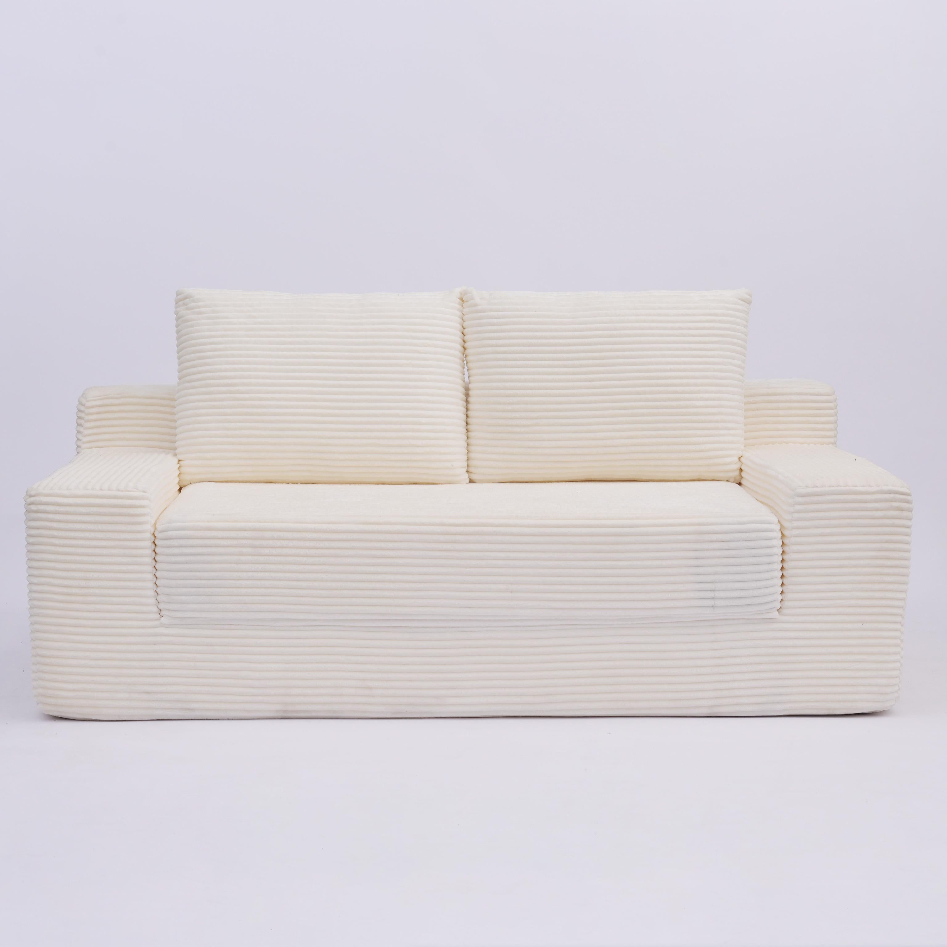 Zweisitzer-Sofa, Bequemes Sofa-Bett mit tiefer Sitzfläche, Modernes kleines Cord-Sofa für Wohnzimmer und Schlafzimmer, Umkehrbare Sitzkissen mit Kissen, Keine Montage erforderlich, Weiß