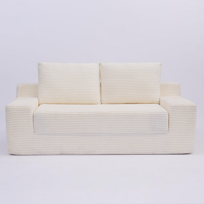 Zweisitzer-Sofa, Bequemes Sofa-Bett mit tiefer Sitzfläche, Modernes kleines Cord-Sofa für Wohnzimmer und Schlafzimmer, Umkehrbare Sitzkissen mit Kissen, Keine Montage erforderlich, Weiß