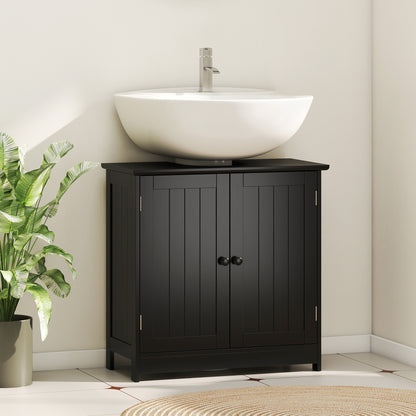 Unterwaschbecken-Badregal, Sockel-Waschbecken-Schrank mit 2 Türen, Regal und U-Form, Schwarz