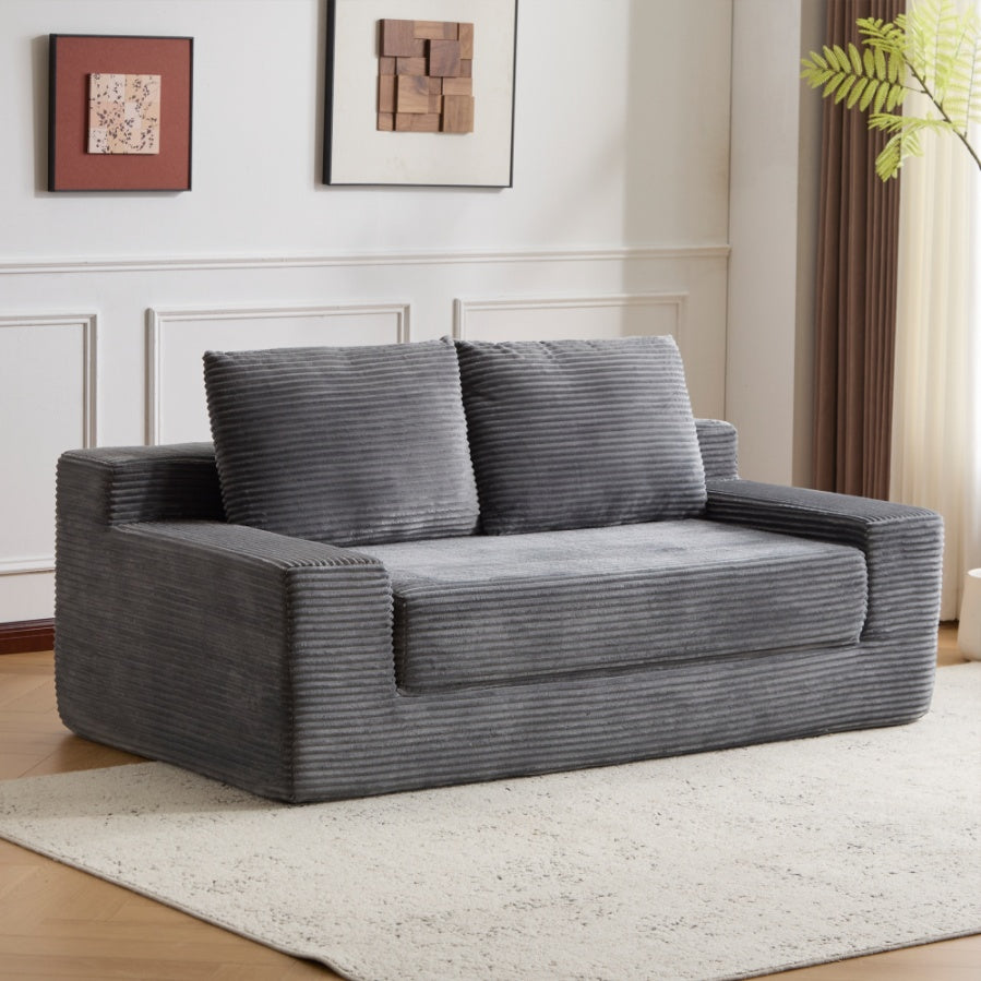 Zweisitzer-Sofa, Bequemes Sofa-Bett mit tiefer Sitzfläche, Modernes kleines Cord-Sofa für Wohnzimmer und Schlafzimmer, Umkehrbares Kissen mit Kissen, Keine Montage erforderlich, Dunkelgrau
