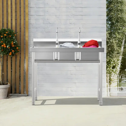 3-Compartment Sink, Stainless Steel Commercial Kitchen Sink with 2 Faucets, Large Laundry Wash Basin for Restaurants, Bathroom