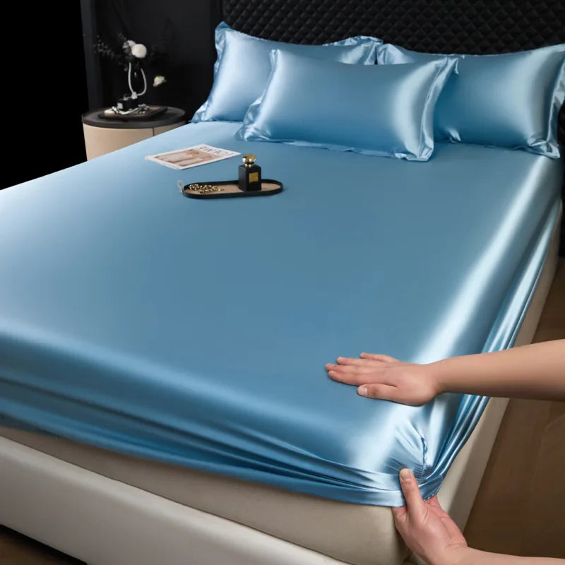 Light blue satin 3 pcs high end 100% mulberry silk fitted sheet set with matching pillowcase luxury solid color linen