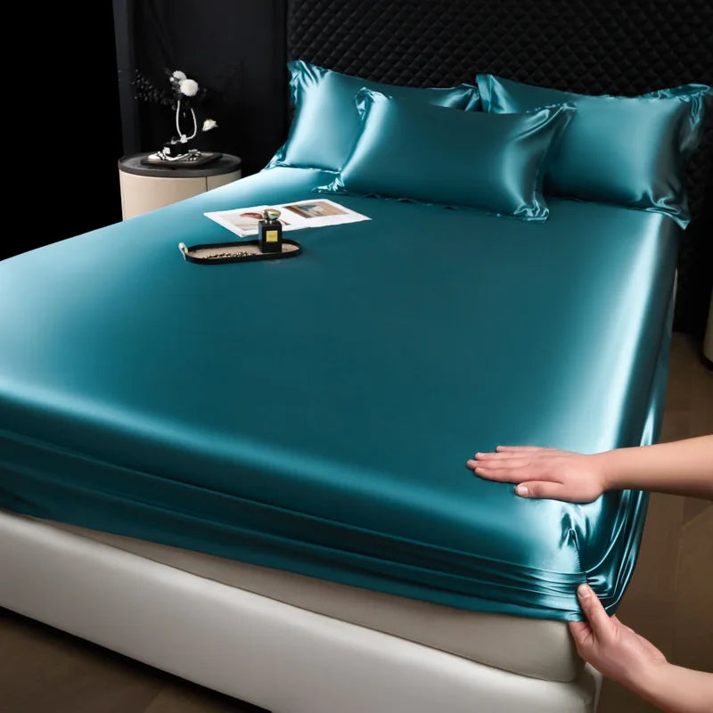 Teal satin 3 pcs high end 100% mulberry silk sheet set with fitted sheet and pillowcases featuring smooth glossy finish