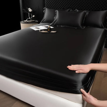 Black satin fitted sheet with smooth glossy finish part of 3 pcs high end 100% mulberry silk sheet set