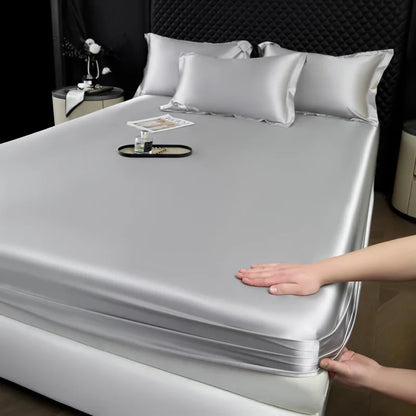 Silver satin fitted sheet from 3 pcs high end 100% mulberry silk sheet set with smooth glossy finish and neat edges
