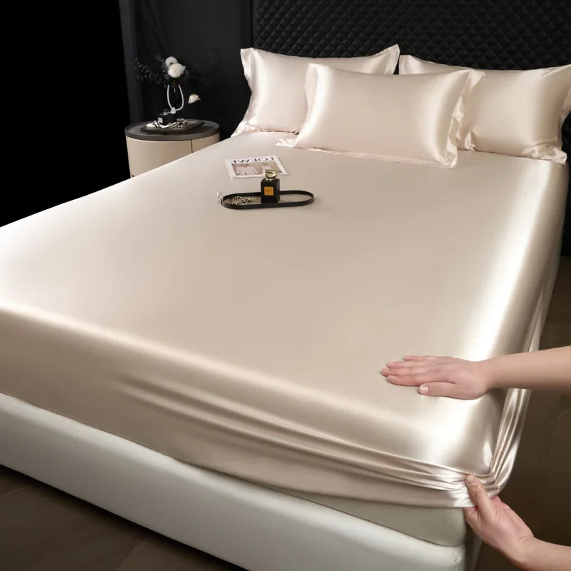 Cream-colored smooth glossy satin fitted sheet from 3 pcs high end 100 percent mulberry silk sheet set luxury linen