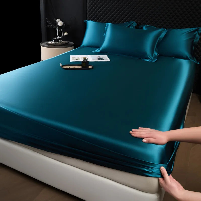 Teal satin 3 pcs high end 100 percent mulberry silk fitted sheet set with pillowcase smooth glossy finish