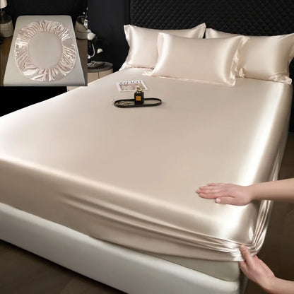 Cream-colored 3 pcs mulberry silk sheet set featuring a smooth satin fitted sheet with elasticized edges