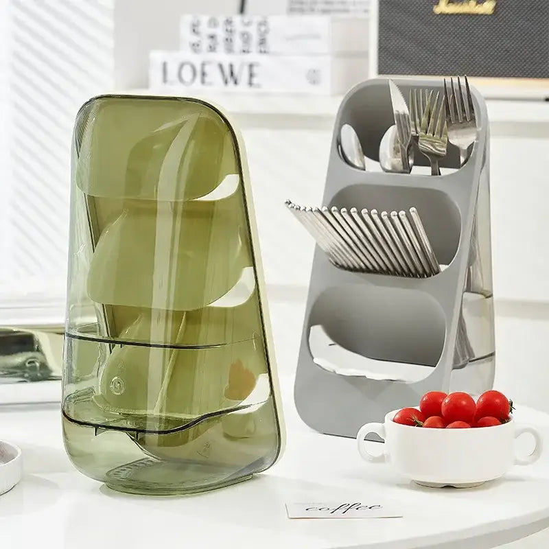 Olive-green translucent plastic kitchen utensil organizer with tiered compartments for cutlery rack storage