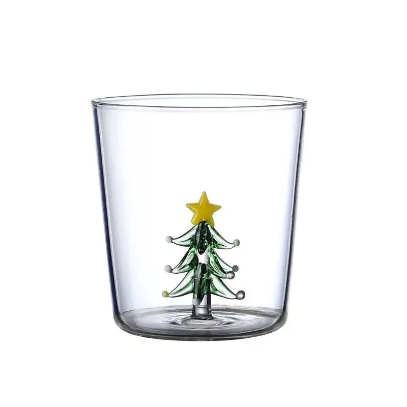 Clear glass 300ml 3d christmas tree wine tumbler featuring green and yellow glass christmas tree with star on top
