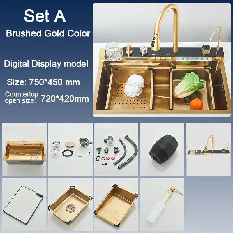 304 Stainless Steel Kitchen Sink with Digital Display Waterfall Faucet, Multifunctional 75*45cm Large Single Slot Whale Sink - Decorbites