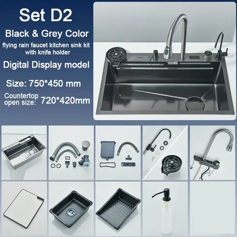 304 Stainless Steel Kitchen Sink with Digital Display Waterfall Faucet, Multifunctional 75*45cm Large Single Slot Whale Sink - Decorbites
