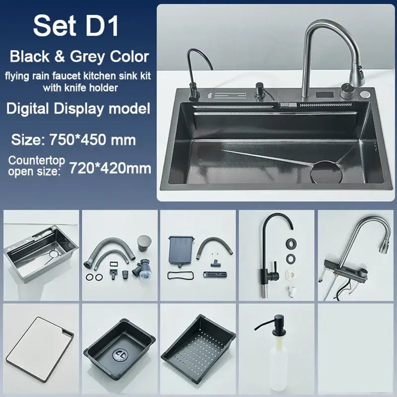 304 Stainless Steel Kitchen Sink with Digital Display Waterfall Faucet, Multifunctional 75*45cm Large Single Slot Whale Sink - Decorbites