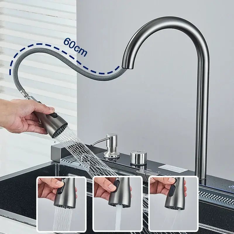 304 Stainless Steel Kitchen Sink with Digital Display Waterfall Faucet, Multifunctional 75*45cm Large Single Slot Whale Sink - Decorbites
