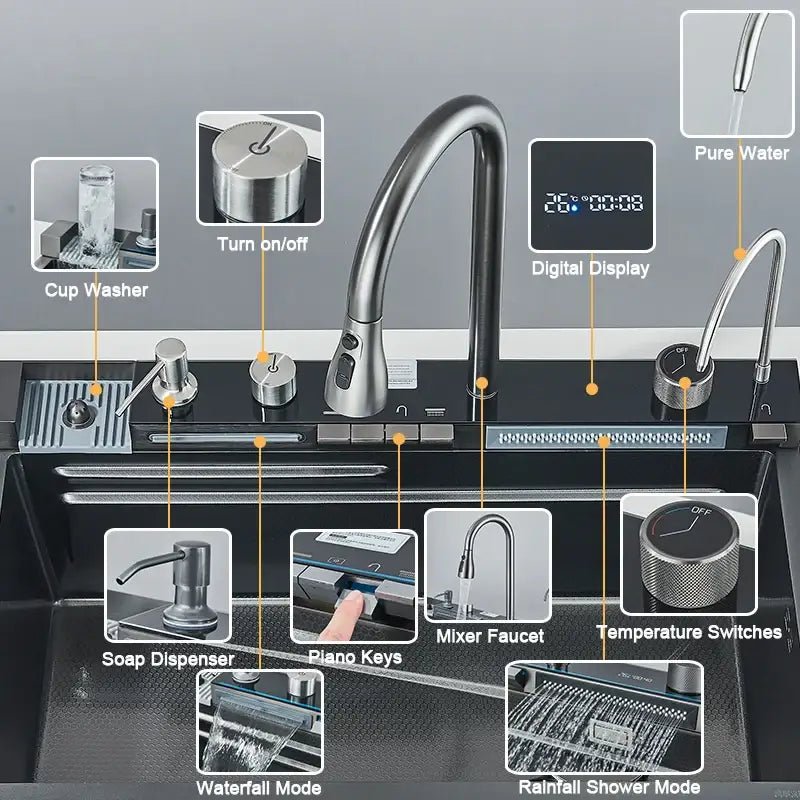 304 Stainless Steel Kitchen Sink with Digital Display Waterfall Faucet, Multifunctional 75*45cm Large Single Slot Whale Sink - Decorbites